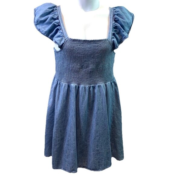 Old Navy Womens Mini Dress Blue Denim Smocked Puff Sleeve Boho Milkmaid Sz L - Picture 1 of 8
